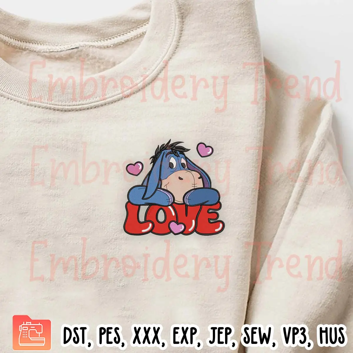 Love Eeyore Valentine Embroidery Design, Sanrio Valentines Day Embroidery Digitizing Pes File