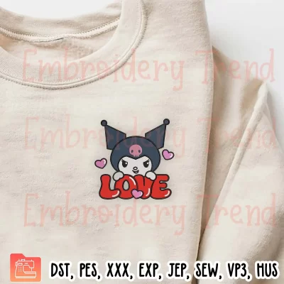 Love Kuromi Valentine Embroidery Design, Sanrio Valentines Day Embroidery Digitizing Pes File