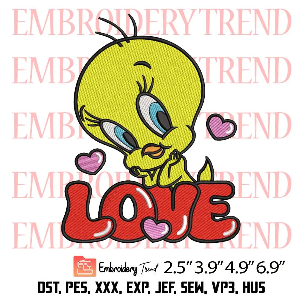 Love Tweety Bird Valentine Embroidery Design, Valentines Day Embroidery Digitizing Pes File
