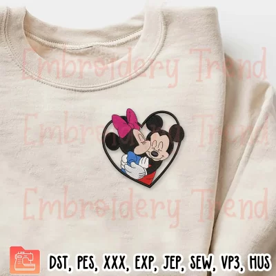 Minnie Kiss Mickey In Heart Embroidery Design, Disney Valentines Embroidery Digitizing Pes File