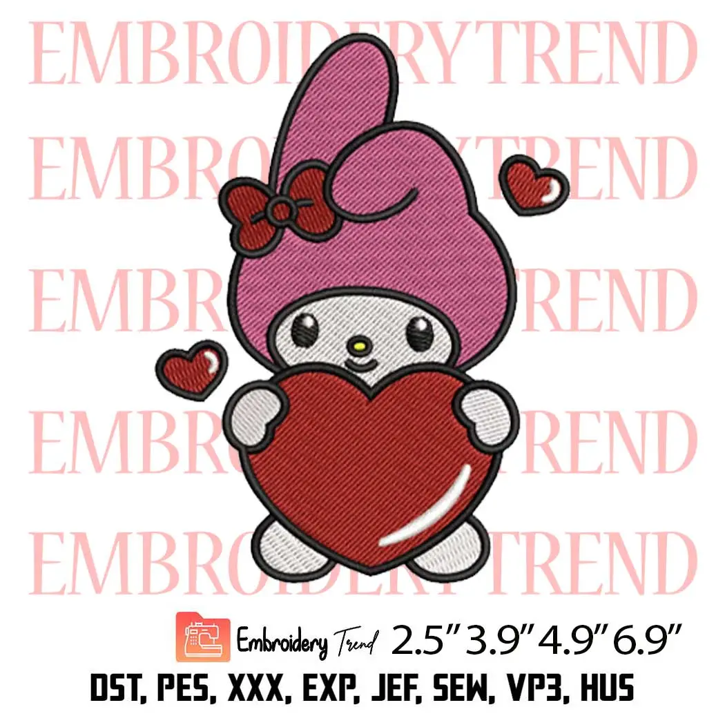 My Melody with Heart Embroidery Design, Valentine Sanrio Embroidery Digitizing Pes File
