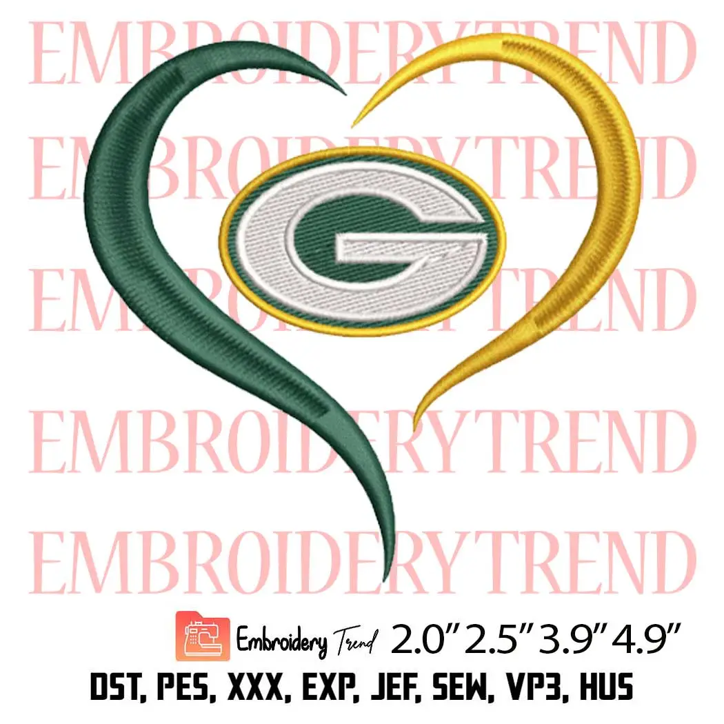 NFL Green Bay Packers Heart Embroidery Design, Football Lover Embroidery Digitizing Pes File