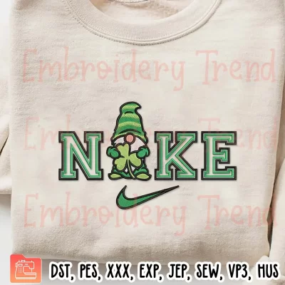 Nike Gnome Holding Shamrock Embroidery Design, Happy St Patricks Day Embroidery Digitizing Pes File