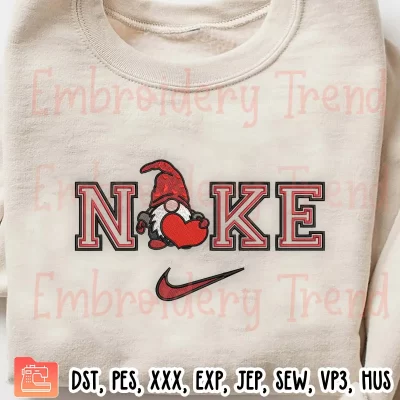 Nike Gnome Heart Embroidery Design, Valentine Gnome Embroidery Digitizing Pes File