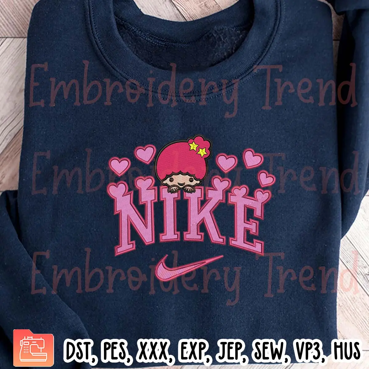 Nike Lala Sanrio Hearts Embroidery Design, Little Twin Stars Kiki and Lala Embroidery Digitizing Pes File