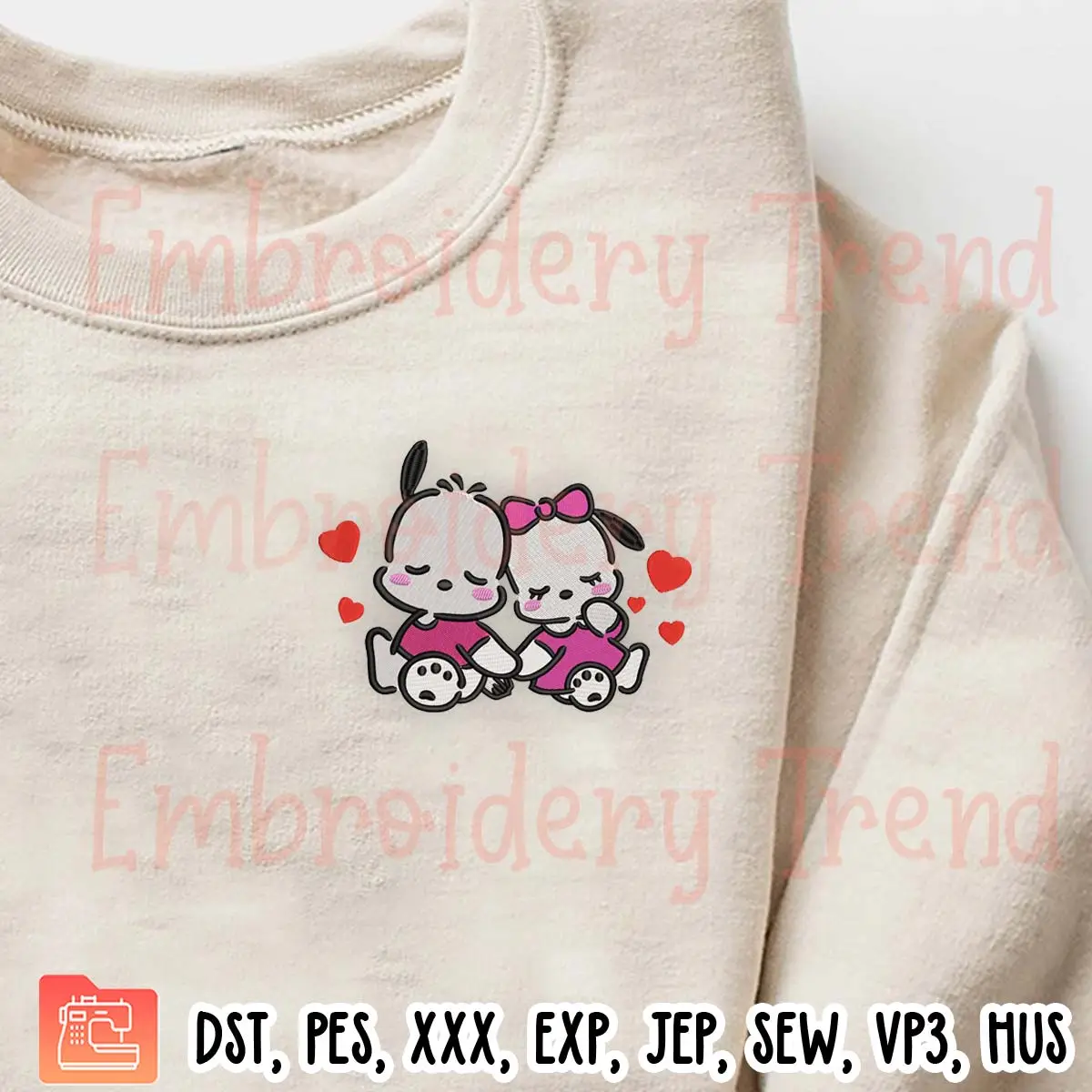 Pochacco and Pochamii Valentine Embroidery Design, Valentine's Day Gift Embroidery Digitizing Pes File