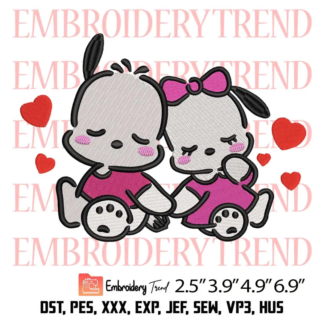 Pochacco and Pochamii Valentine Embroidery Design, Valentine's Day Gift Embroidery Digitizing Pes File