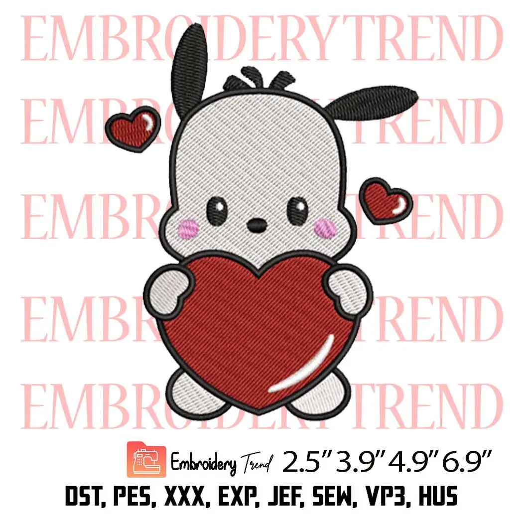 Pochacco with Heart Embroidery Design, Valentine Sanrio Embroidery Digitizing Pes File