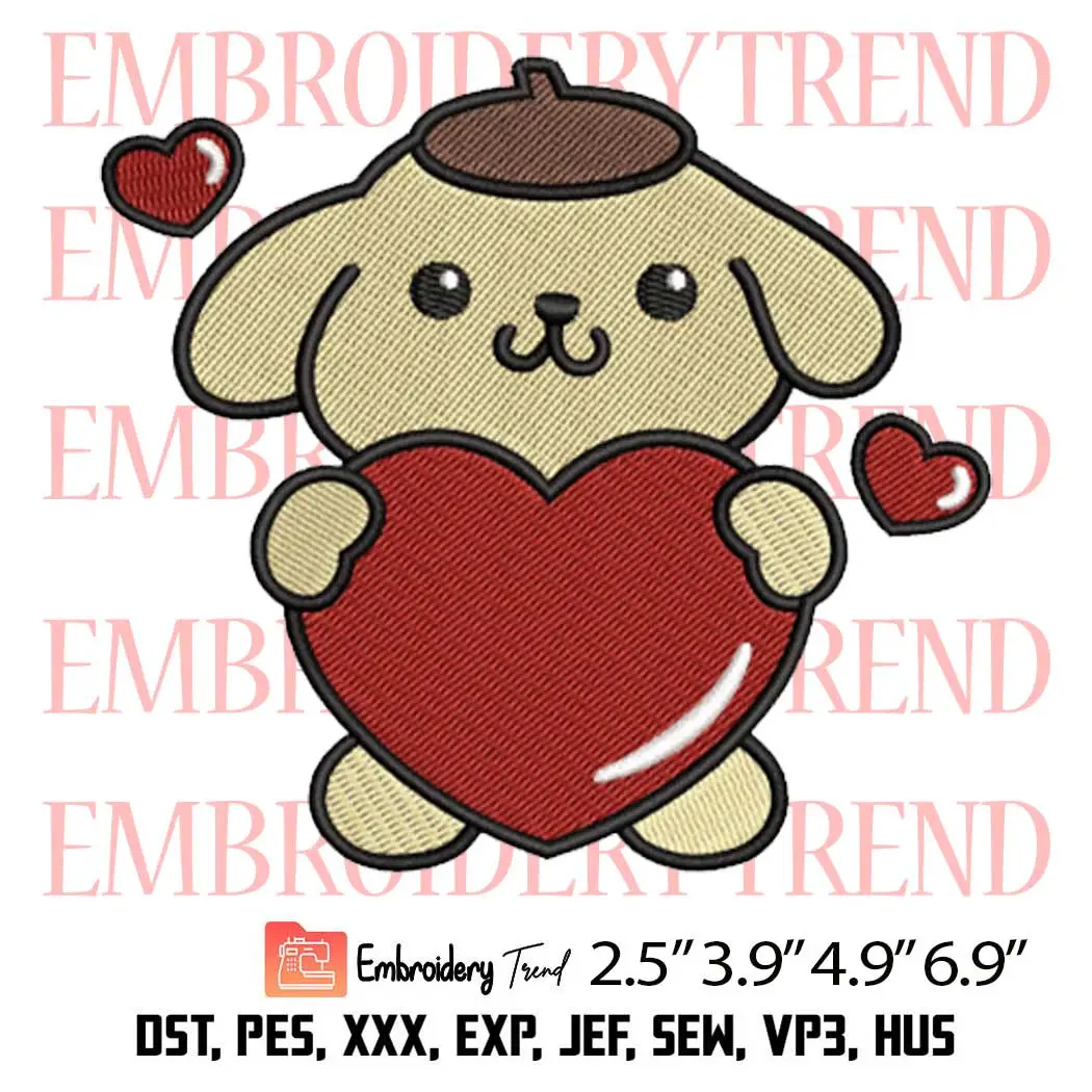 Pompompurin with Heart Embroidery Design, Valentine Sanrio Embroidery Digitizing Pes File