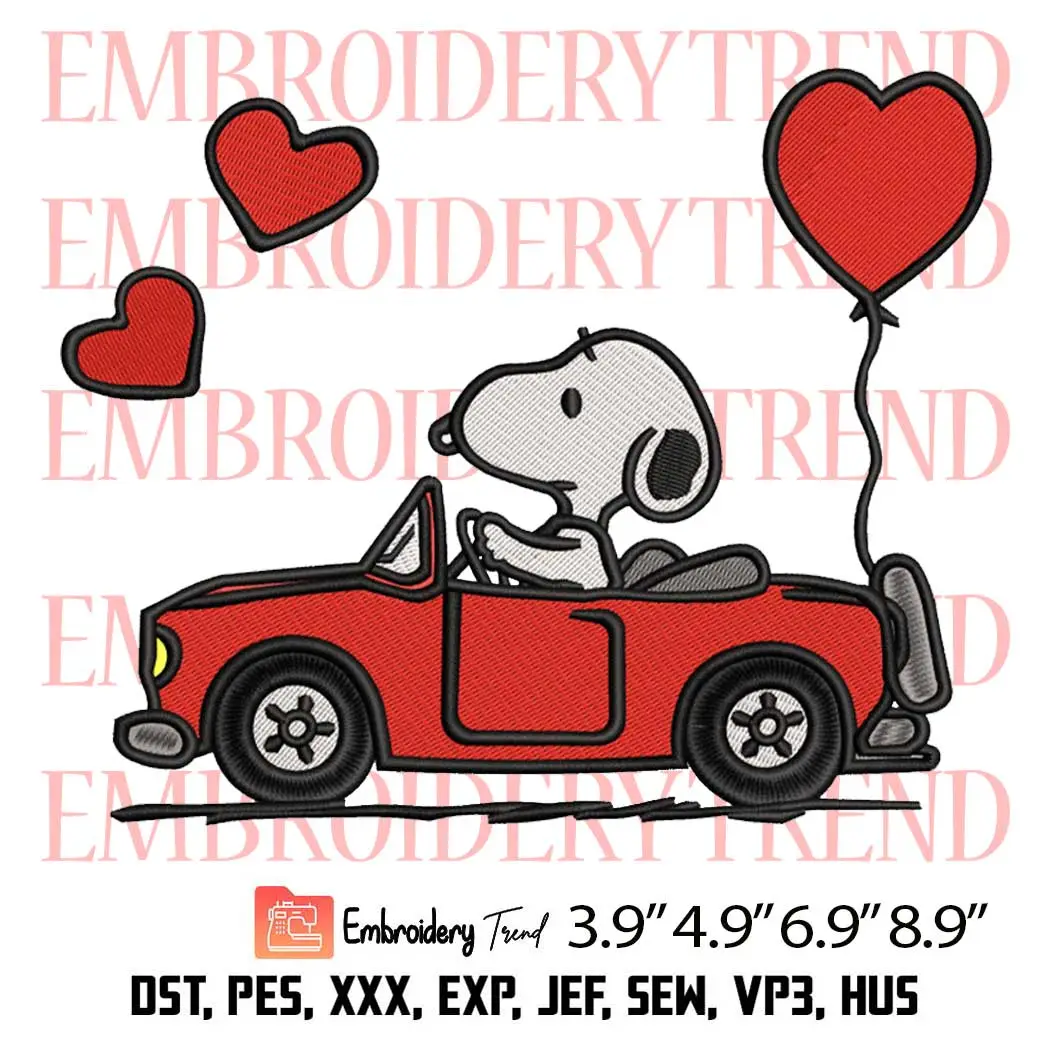 Snoopy Driving Red Car Embroidery Design, Snoopy Valentine Embroidery Digitizing Pes File