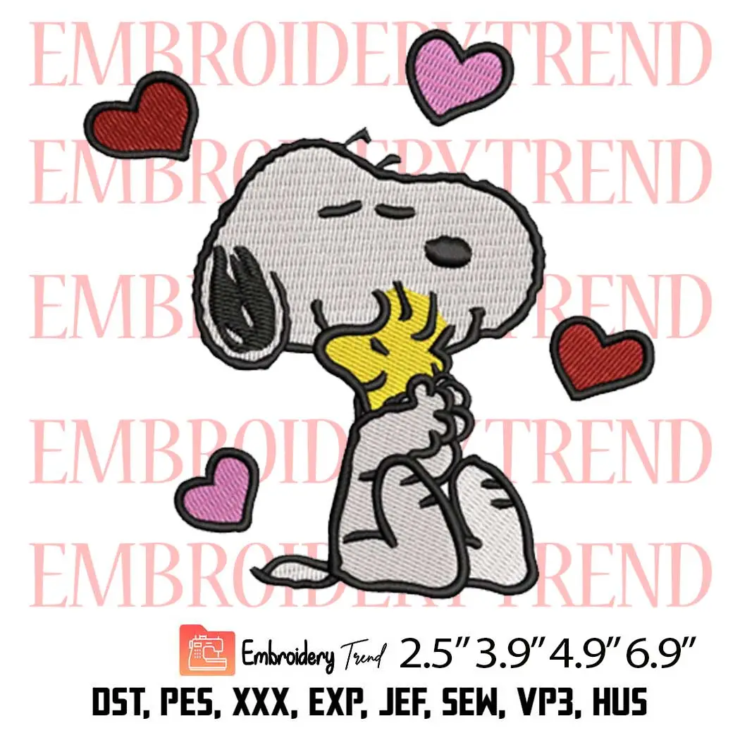 Snoopy Hug Woodstock Valentine Embroidery Design, Snoopy Woodstock Embroidery Digitizing Pes File