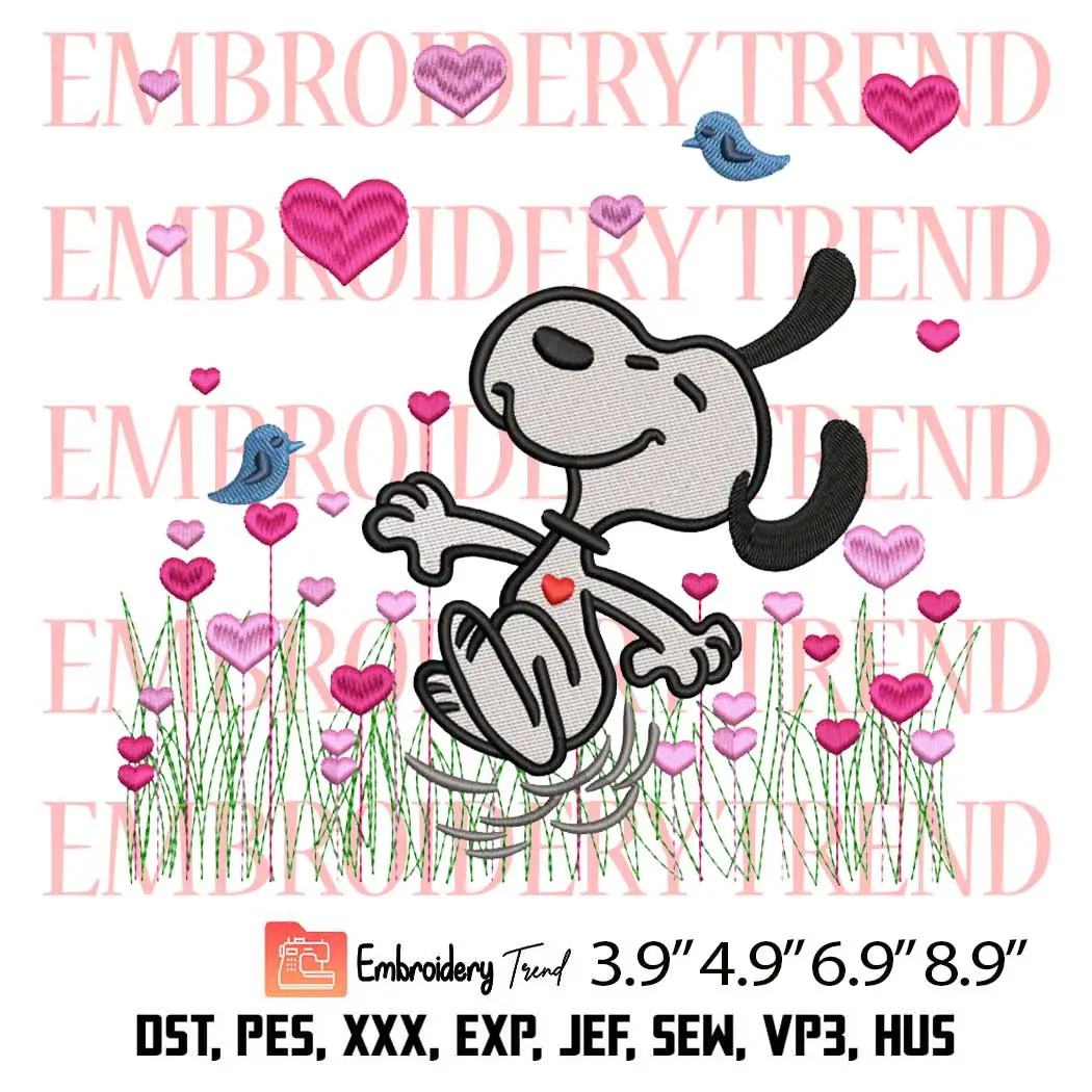 Snoopy in Garden Hearts Love Embroidery Design, Snoopy Valentine Embroidery Digitizing Pes File