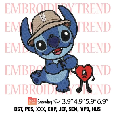 Stitch And Bad Bunny Heart Embroidery Design, Cute Stitch Disney Embroidery Digitizing Pes File