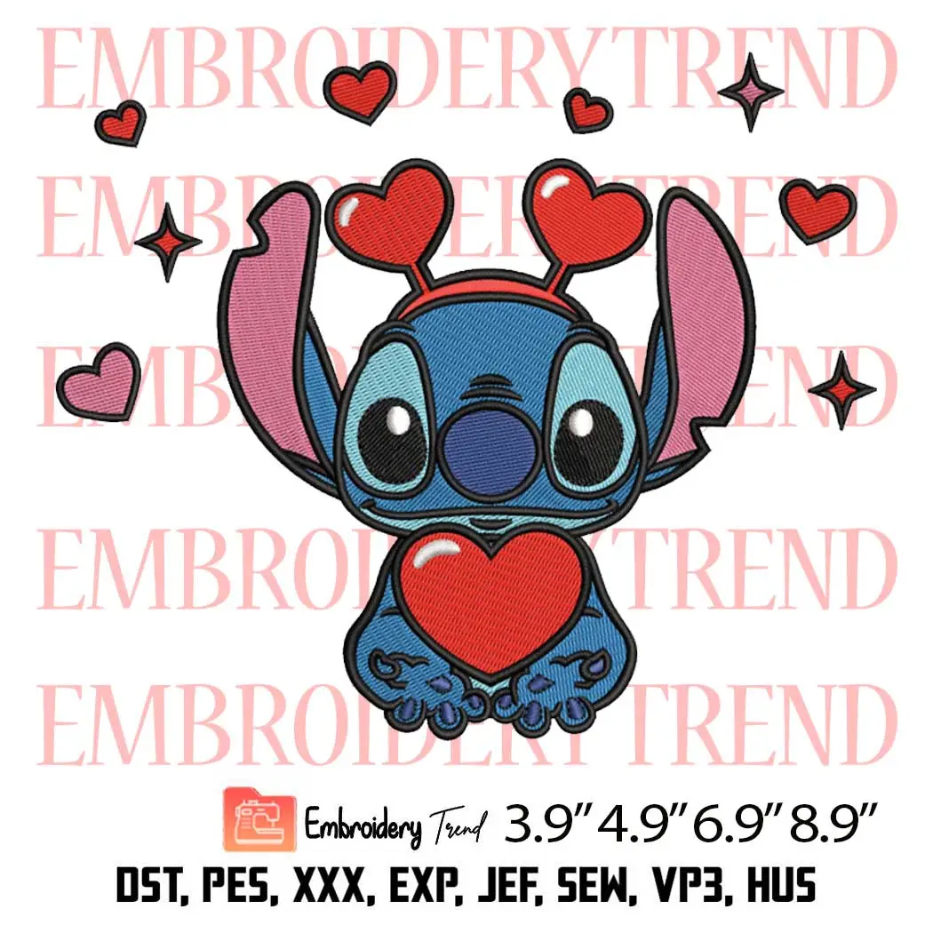 Cute Stitch Heart Valentine Day Embroidery Design, Disney Valentines Embroidery Digitizing Pes File