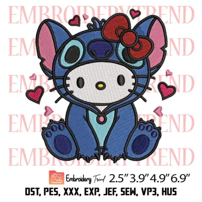 Stitch Hello Kitty Hearts Embroidery Design, Hello Kitty Valentine Embroidery Digitizing Pes File