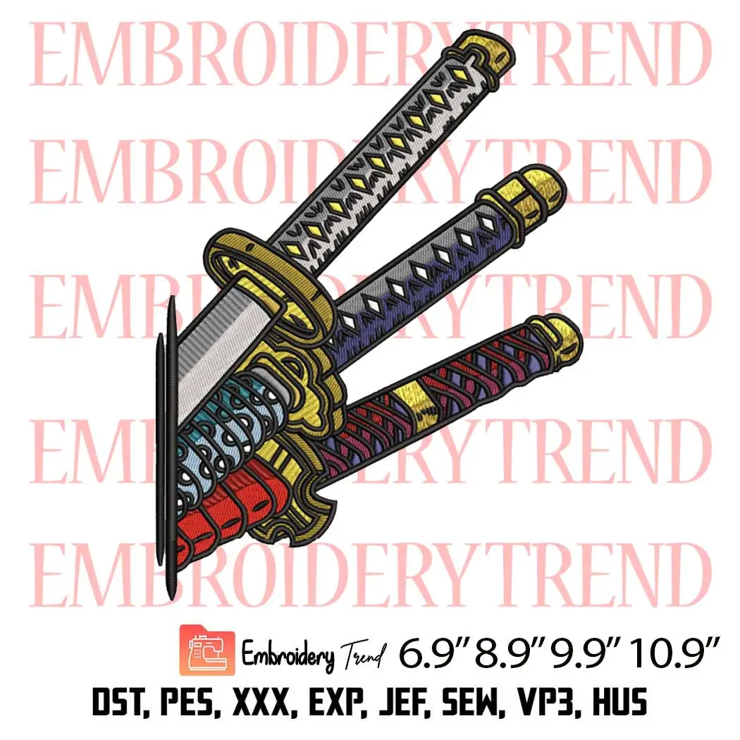 Three Swords Zoro One Piece Embroidery Design, Anime Embroidery Digitizing Pes File