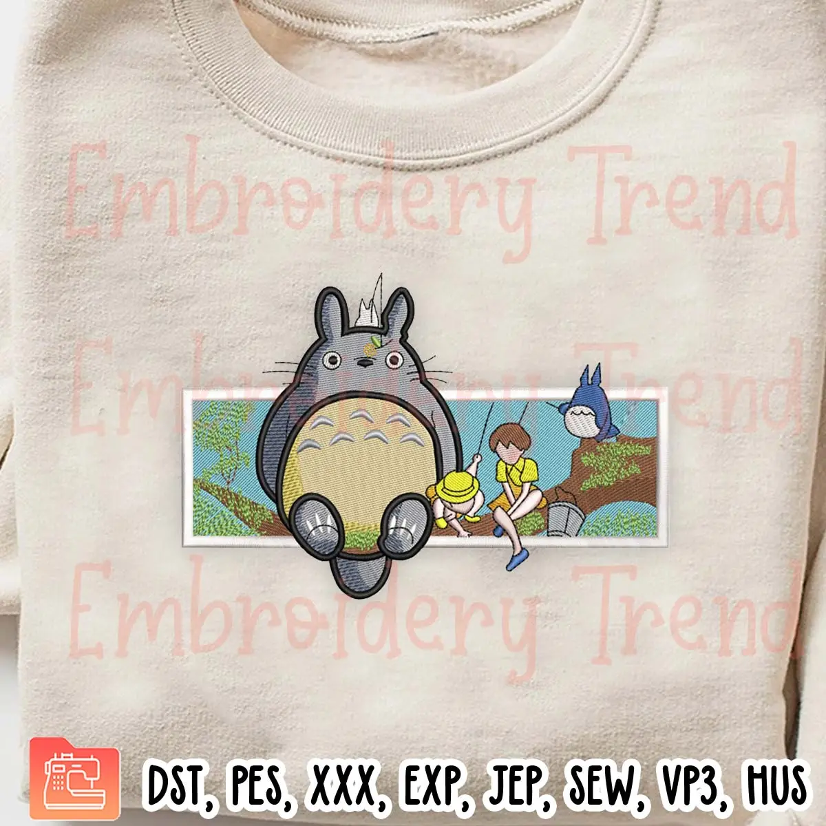 Totoro and Friends Fishing Embroidery Design, My Neighbor Totoro Anime Embroidery Digitizing Pes File