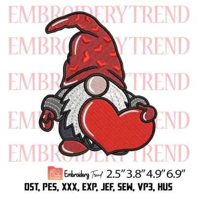 Valentine Gnome Holding Heart Embroidery Design, Valentines Day Embroidery Digitizing Pes File