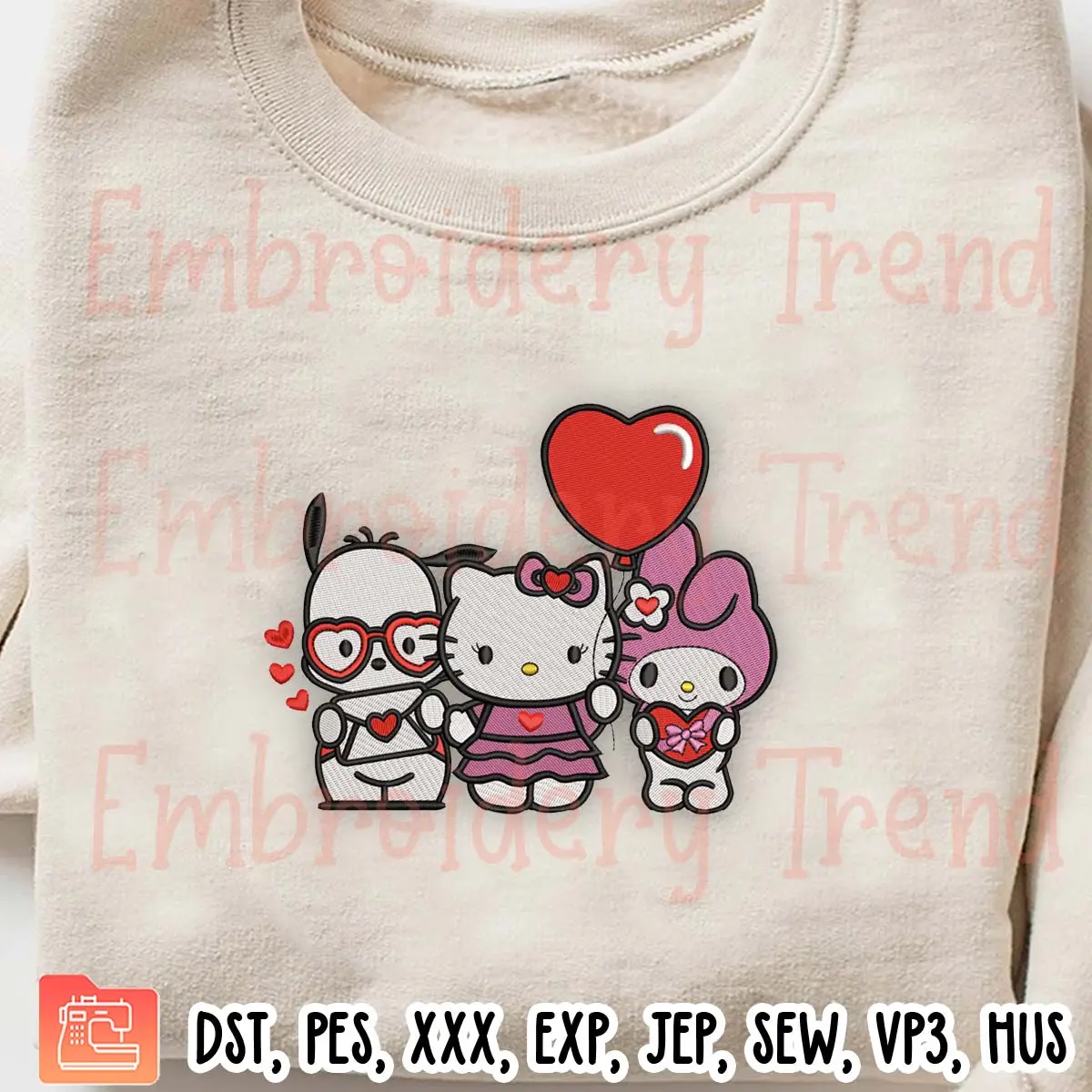 Valentine Hello Kitty And Friends Embroidery Design, Sanrio Happy Valentines Day Embroidery Digitizing Pes File
