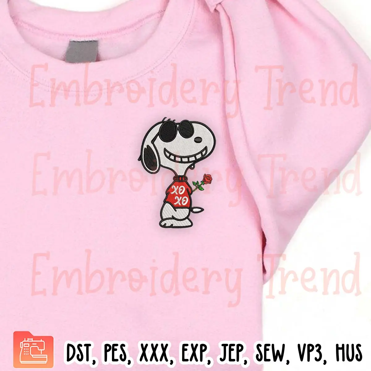 Xoxo Snoopy Valentine Embroidery Design, Snoopy Holding Rose Embroidery Digitizing Pes File