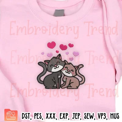 Cute Cat Couple With Hearts Embroidery Design, Cat Couple Valentine Embroidery Digitizing Pes File