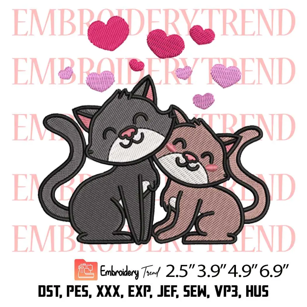 Cute Cat Couple With Hearts Embroidery Design, Cat Couple Valentine Embroidery Digitizing Pes File