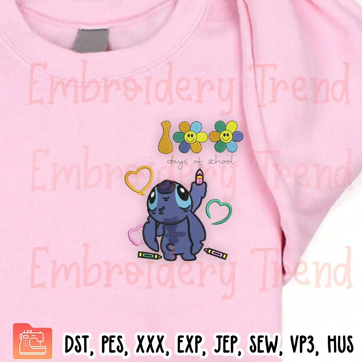 Disney Stitch 100 Days Of School Embroidery Design, Cute Stitch Teacher Gift Embroidery Digitizing Pes File