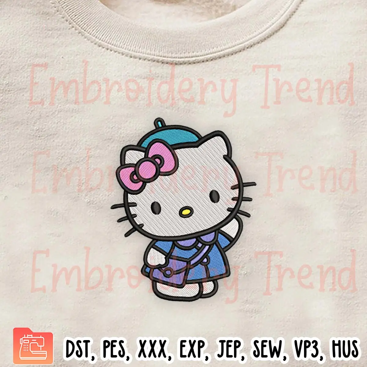 Hello Kitty Goes To School Embroidery Design, Cute Hello Kitty Embroidery Digitizing Pes File