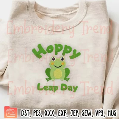 Hoppy Leap Day Embroidery Design, Frog Leap Day Embroidery Digitizing Pes File