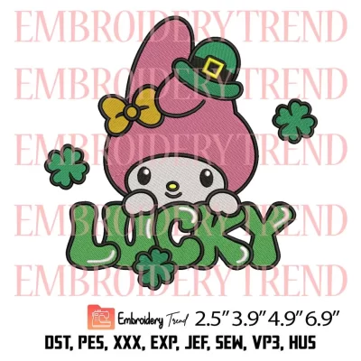 My Melody Lucky Embroidery Design, St Patrick My Melody Shamrocks Embroidery Digitizing Pes File