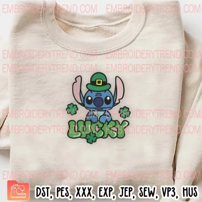 Disney Stitch Lucky Embroidery Design, St Patrick Stitch Shamrocks Embroidery Digitizing Pes File