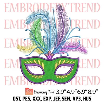 Mask Colorful Feathers Mardi Gras Embroidery Design, Mardi Gras Embroidery Digitizing Pes File