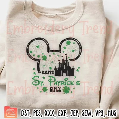 Mickey Mouse St Patricks Day Castle Embroidery Design, Happy St Patrick Day Embroidery Digitizing Pes File