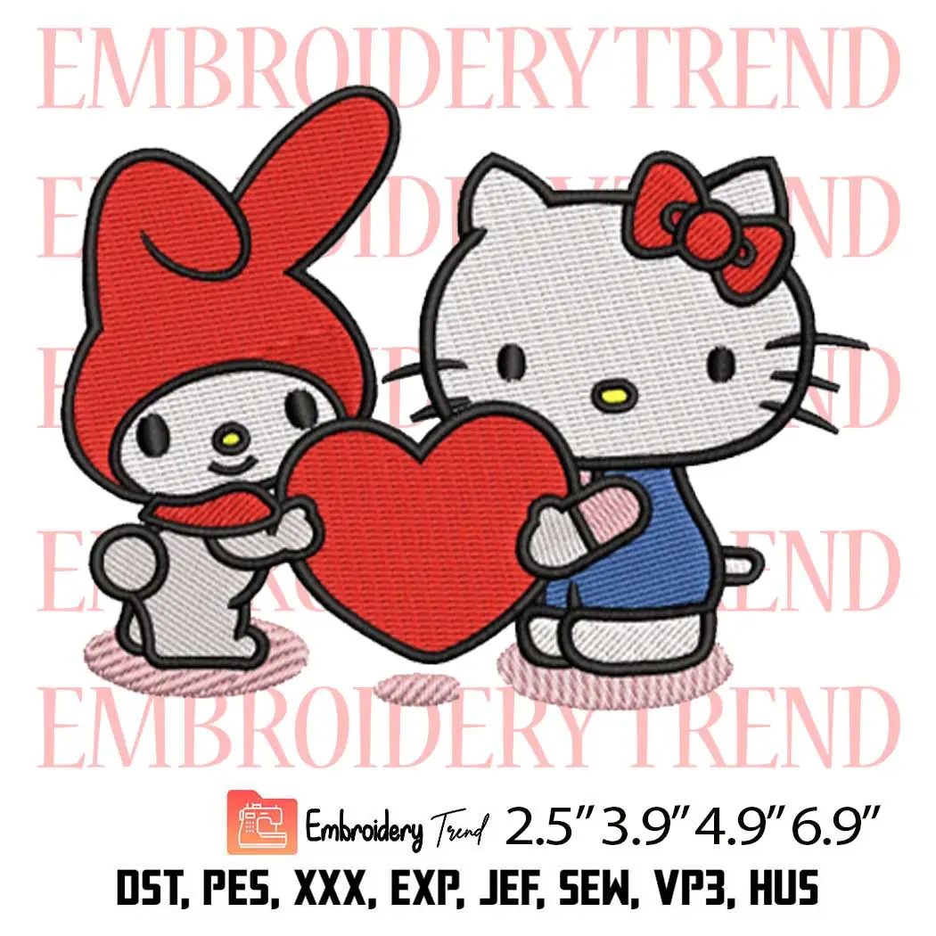 My Melody and Hello Kitty Hugging Heart Embroidery Design, Sanrio Embroidery Digitizing Pes File