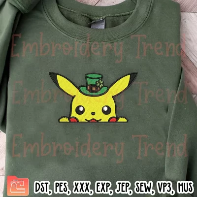 Pikachu St Patricks Day Embroidery Design, Cute Pikachu Pokemon Embroidery Digitizing Pes File