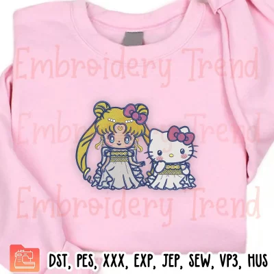Princess Serenity and Hello Kitty Embroidery Design, Sailor Moon Embroidery Digitizing Pes File