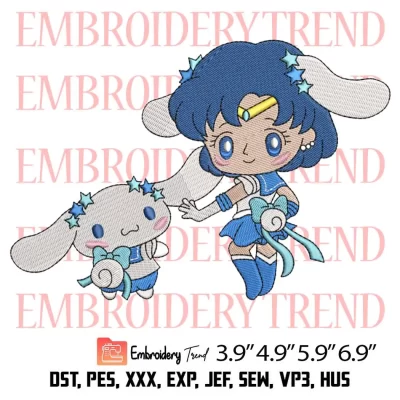 Sailor Mercury with Cinnamoroll Embroidery Design, Sailor Moon Sanrio Embroidery Digitizing Pes File