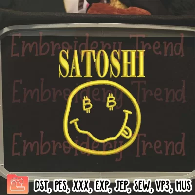 Satoshi Smiley Face Embroidery Design, Satoshi Bitcoin Embroidery Digitizing Pes File