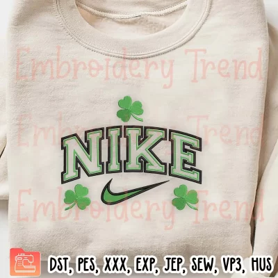 Shamrock Nike Swoosh Embroidery Design, Nike St Patricks Day Embroidery Digitizing Pes File
