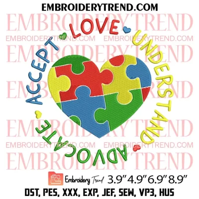 Autism Puzzle Heart Embroidery Design, Autism Gift Embroidery Digitizing Pes File