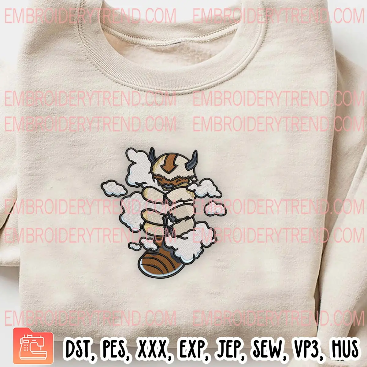Appa Hugging Clouds Embroidery Design, Appa Avatar Embroidery Digitizing Pes File