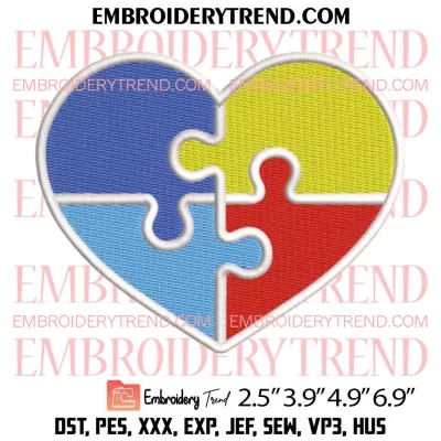 Autism Puzzle Heart Embroidery Design, Autism Gift Embroidery Digitizing Pes File