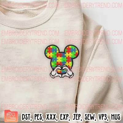 Autism Mickey Hand Heart Embroidery Design, Autism Awareness Mouse Embroidery Digitizing Pes File