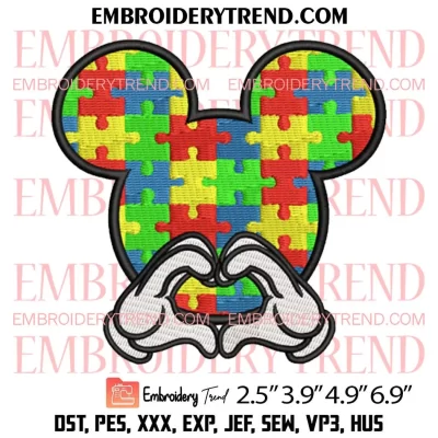 Autism Love Mickey Ears Embroidery Design, Autism Awareness Disney Embroidery Digitizing Pes File