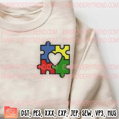 Autism Puzzle Heart Embroidery Design, Autism Gift Embroidery Digitizing Pes File