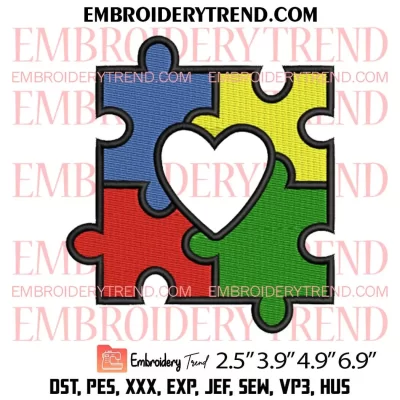Autism Awareness Heart Embroidery Design, Puzzle Heart Embroidery Digitizing Pes File