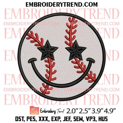 Baseball Smile Face Embroidery Design, Star Smiley Face Softball Baseball Embroidery Digitizing Pes File
