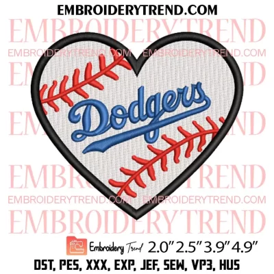 Dodgers Heart Embroidery Design, Baseball Los Angeles Dodgers Embroidery Digitizing Pes File