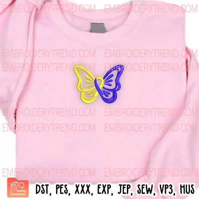 Down Syndrome Awareness Butterfly Embroidery Design, Butterfly With Ribbon Embroidery Digitizing Pes File