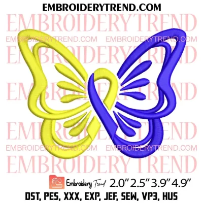 Down Syndrome Awareness Butterfly Embroidery Design, Butterfly With Ribbon Embroidery Digitizing Pes File